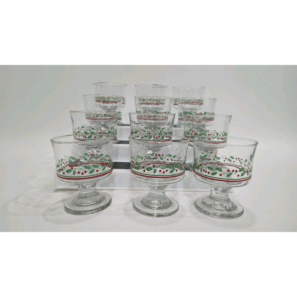 Set of 12 Arby's Christmas Holly Berry Pedestal Glass Dessert Juice Sherbet Cups